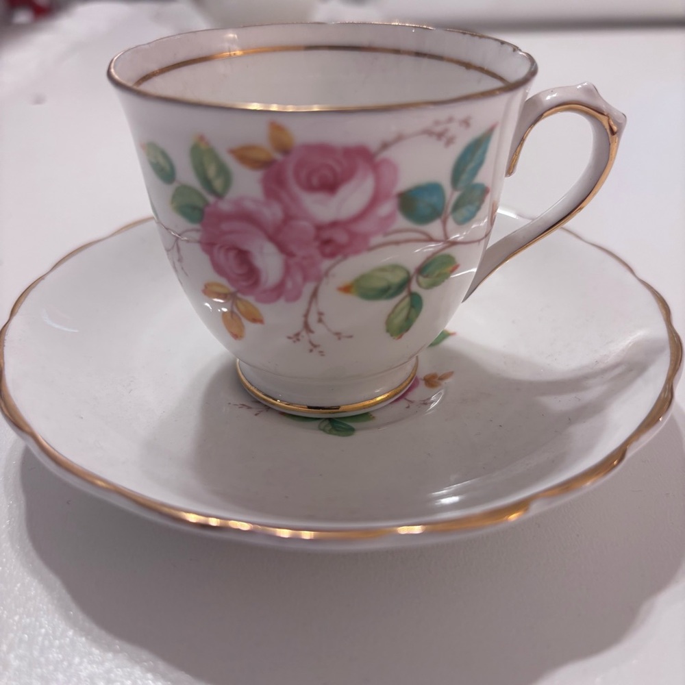 Vintage Rose Teacup and Saucer with Gold Accents Tuscan Fine English Bone China